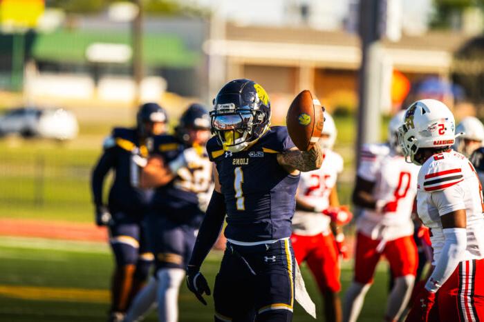 A Football player holds up the ball in celebration during a game.